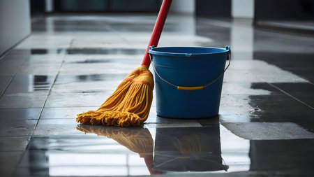 A yellow mop and blue bucket sit on a freshly mopped, shiny floor.の写真素材