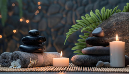 Spa ambiance with stacked stones, lit candles, and towels. A scene of tranquility and relaxation.