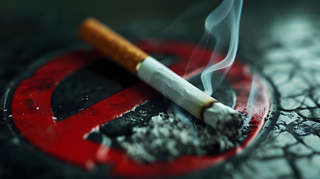 A burning cigarette rests on a no smoking ashtray. A powerful image depicting the risks of smoking.の写真素材