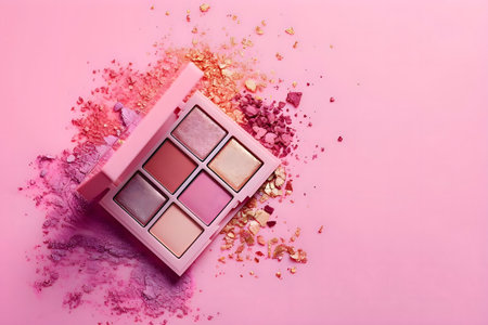 A pink eyeshadow palette with scattered powder on a pink background.の写真素材