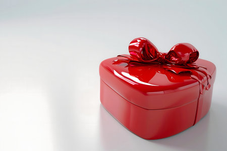 A shiny red heart-shaped gift box with a glossy red bow. Perfect for Valentine's Day.の写真素材