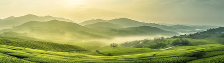 Stunning sunrise over misty green rolling hills and valleys. Peaceful and tranquil landscapeの写真素材