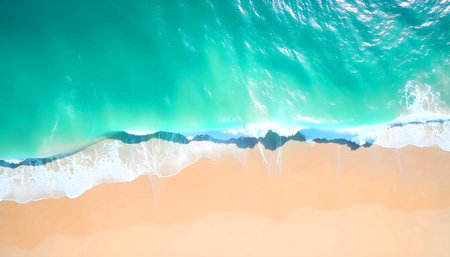 Stunning aerial shot of pristine beach, turquoise water, and white waves.の写真素材