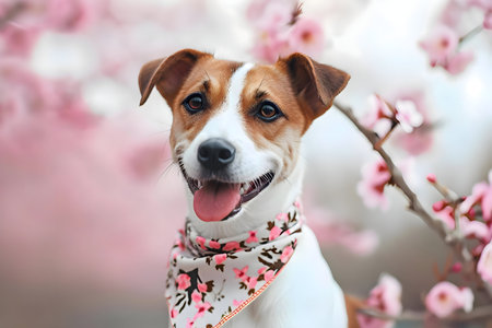 A cheerful Jack Russell Terrier poses happily in a field of blooming pink cherry blossoms.の写真素材