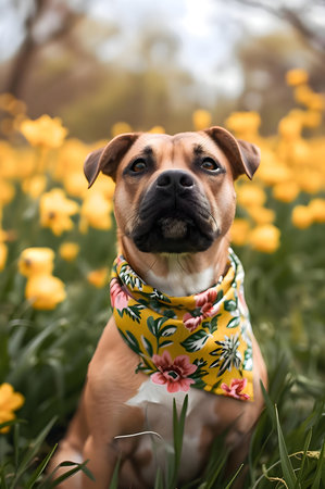 A cute dog wearing a floral bandana sits in a field of yellow flowers.の写真素材