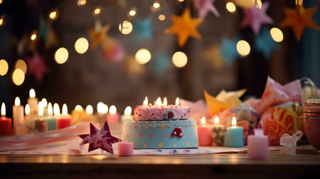 A birthday cake with lit candles, surrounded by festive lights and decorations. A magical atmosphere.の写真素材