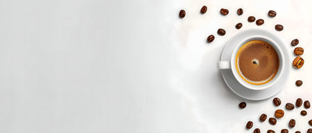 Espresso coffee in a white cup surrounded by coffee beans.の写真素材