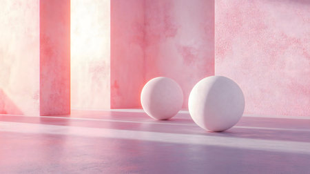 Two white spheres rest on a pink floor in a minimalist room. Sunlight streams through the space.の写真素材