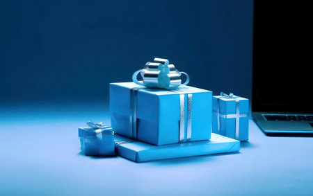 Blue gifts near a laptop, symbolizing online shopping.の写真素材