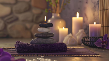 Peaceful spa scene with candles, stacked stones, and orchids. A tranquil atmosphere of relaxation.の写真素材