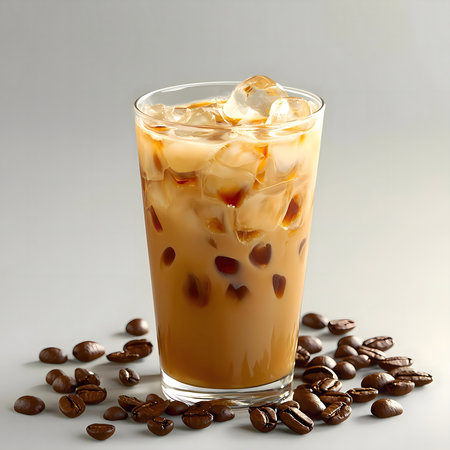 A tall glass of iced coffee with ice cubes and coffee beans around it.