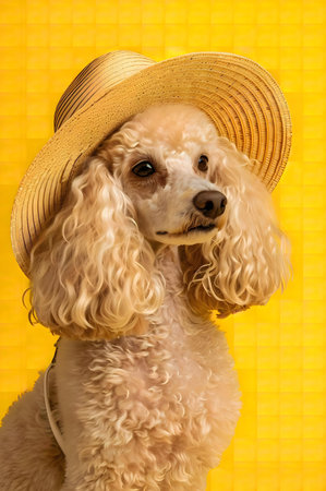A charming apricot poodle, wearing a stylish straw hat, poses against a vibrant yellow background.の写真素材