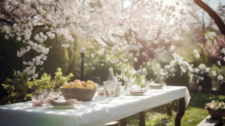 Picturesque outdoor dining scene with a table set for lunch under blossoming cherry trees.の写真素材