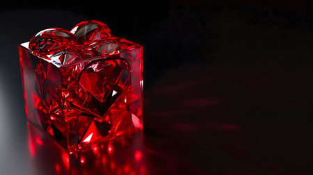 Red glass cube shaped gift box with heart design, dark backgroundの写真素材