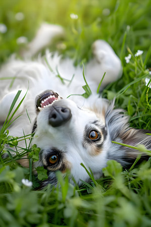 An adorable puppy enjoys a playful roll in vibrant green grass. Pure joy!の写真素材