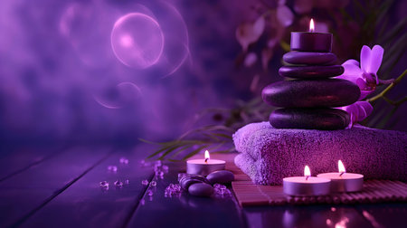 A tranquil spa scene. Purple candles and smooth stones create a calming atmosphere, enhanced by delicate orchids.の写真素材