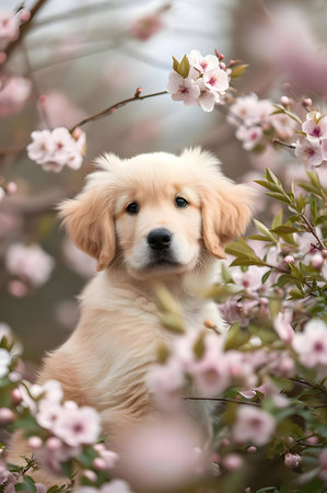 Adorable golden retriever puppy nestled in a vibrant cherry blossom tree. Pure joy.の写真素材