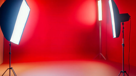 Red studio with two softboxesの写真素材