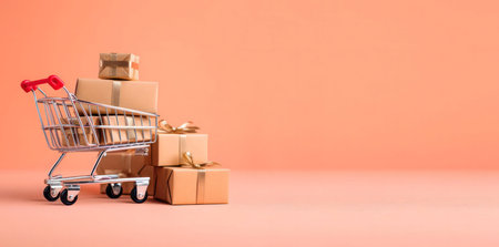 A miniature shopping cart filled with numerous presents on a peach background. Perfect for online shopping, retail, or gifting themes.の写真素材