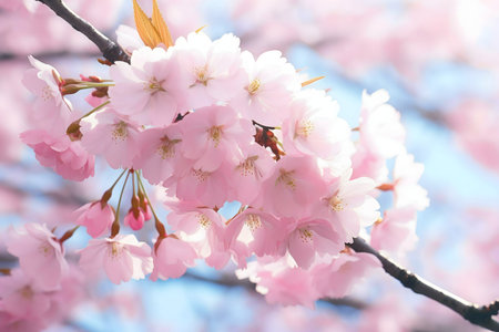 Close-up of delicate pink cherry blossoms in full bloom during springtime.の写真素材