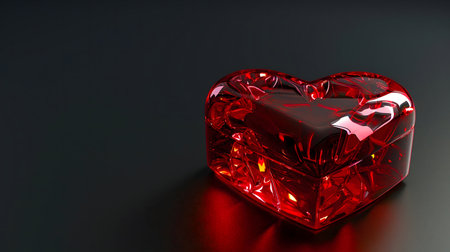 A red glass heart-shaped box on dark background.