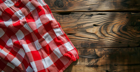 A red and white gingham tablecloth draped on a rustic wooden surface. Perfect background for food photography.の写真素材