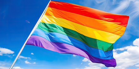A vibrant rainbow pride flag billows in a bright blue sky, a powerful symbol of LGBTQ+ pride and...