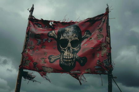 A tattered pirate flag with a skull and crossbones design, hangs from a weathered pole under a...