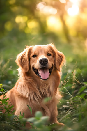 A happy golden retriever sits in a sunlit meadow.の写真素材