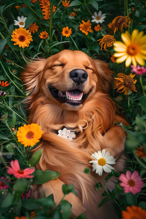 A happy golden retriever rests amidst a vibrant flower field, enjoying the summer sun.の写真素材
