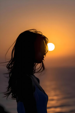 A woman's silhouette against a vibrant sunset over the ocean.の写真素材