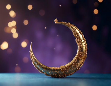 A stunning golden crescent moon, richly detailed, sits against a dark purple bokeh background, symbolizing Ramadan.の写真素材