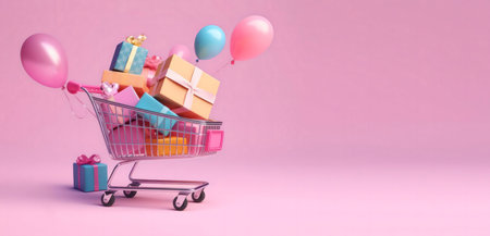 A pink shopping cart filled with colorful gifts and balloons, perfect for birthday or holiday promotionsの写真素材