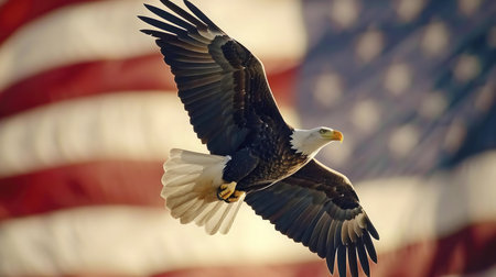 A Bald Eagle takes flight, a powerful symbol of freedom and patriotism against the backdrop of the American flag.の写真素材