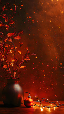 A captivating image of a rustic vase with glowing autumn branches, illuminated by fairy lights, and a red Christmas ornament.の写真素材