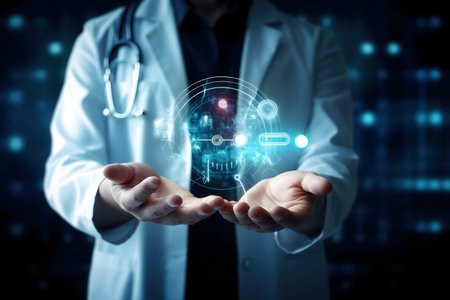 A doctor holds a holographic medical interface, showing technological advancements in healthcare.の写真素材