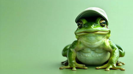 Adorable green frog wearing a white cap, against a pale green background.の写真素材