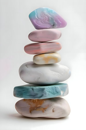 A stack of pastel colored stones, balancing precariously, evokes calm.