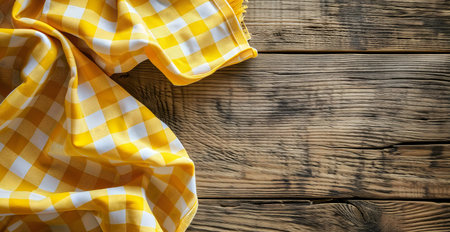 Yellow gingham tablecloth on a rustic wooden table. Perfect background.の写真素材