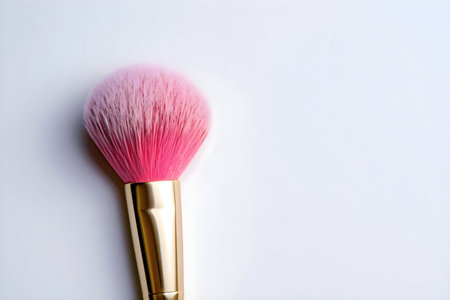 Close up of a pink makeup brush with a gold handle, isolated on a white background.の写真素材