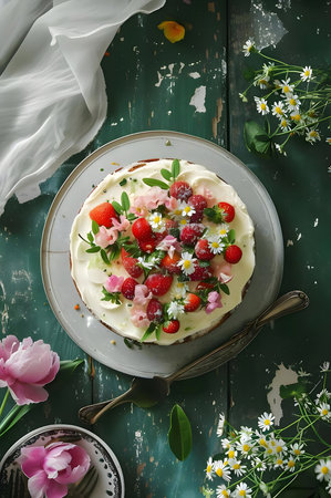 A delightful strawberry cake adorned with spring flowers, a perfect summer treat.