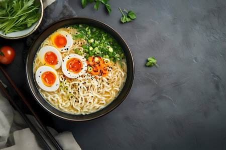 A top view of a bowl of ramen with soft boiled eggsの写真素材