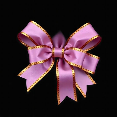 A close-up of a pink ribbon bow with gold accents against a black backdrop. Perfect for festive or romantic themes.の写真素材