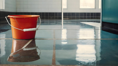 An orange bucket sits on a wet, shiny floor. The reflection is visibleの写真素材