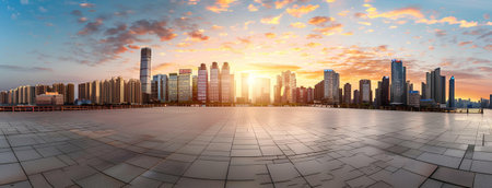 Stunning sunrise over a modern city. Skyscrapers and buildings dominate the skyline.の写真素材