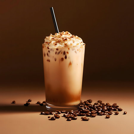 A tempting glass of iced coffee, topped with whipped cream and chocolate shavings. Coffee beans are scattered around the glass.の写真素材