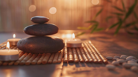 Peaceful spa scene with stacked stones, lit candles, and a bamboo mat. Perfect for relaxation.の写真素材