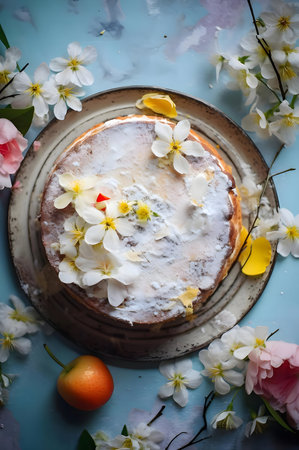 A beautiful springtime cheesecake, adorned with delicate white blossoms and a dusting of powdered sugar.の写真素材