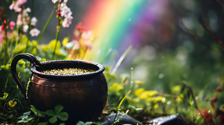 A copper pot filled with gold sits in a lush garden, a vibrant rainbow forming a mystical backdrop.の写真素材
