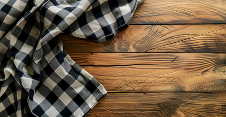 Checkered cloth on a rustic wooden table. Perfect background